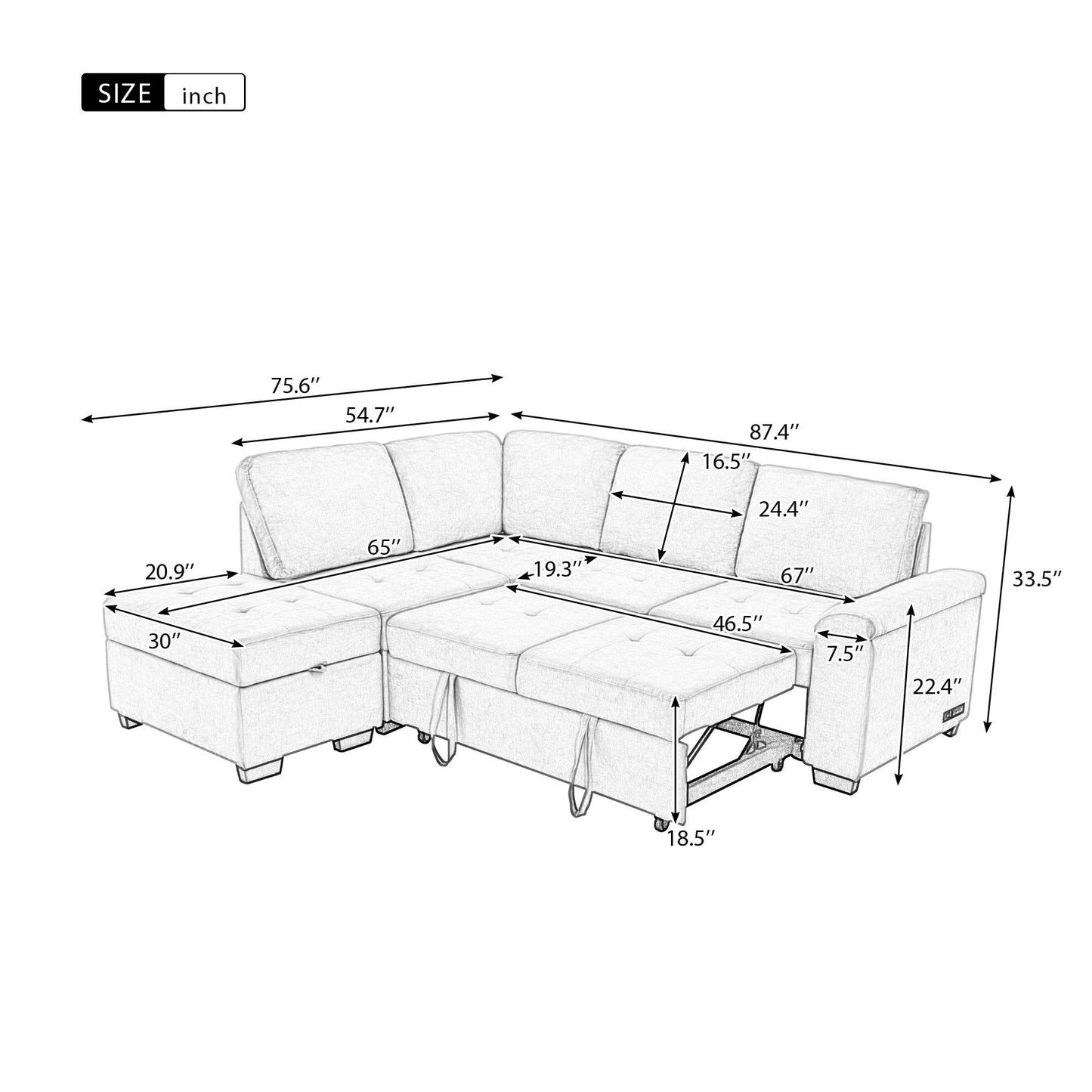 Sleeper Sectional Sofa, L-Shape Corner Couch Sofa-Bed With Storage