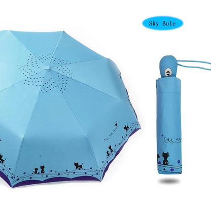 LIKE RAIN Cute Cat Women Umbrella Creative Cartoon Girl Automatic Umbrella Rain Women Three-Folding Travel Pocket Parasol UBY29