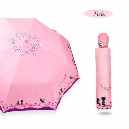 LIKE RAIN Cute Cat Women Umbrella Creative Cartoon Girl Automatic Umbrella Rain Women Three-Folding Travel Pocket Parasol UBY29