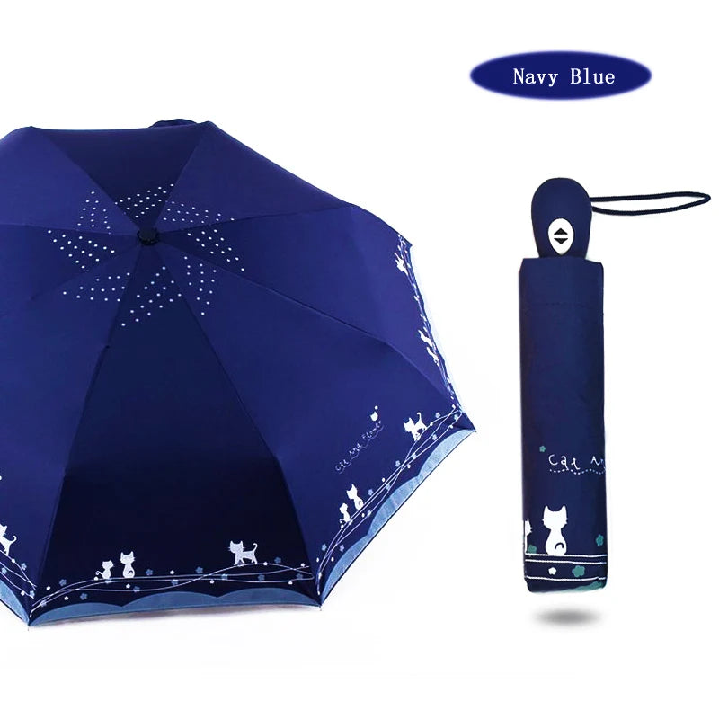 LIKE RAIN Cute Cat Women Umbrella Creative Cartoon Girl Automatic Umbrella Rain Women Three-Folding Travel Pocket Parasol UBY29