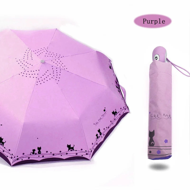 LIKE RAIN Cute Cat Women Umbrella Creative Cartoon Girl Automatic Umbrella Rain Women Three-Folding Travel Pocket Parasol UBY29