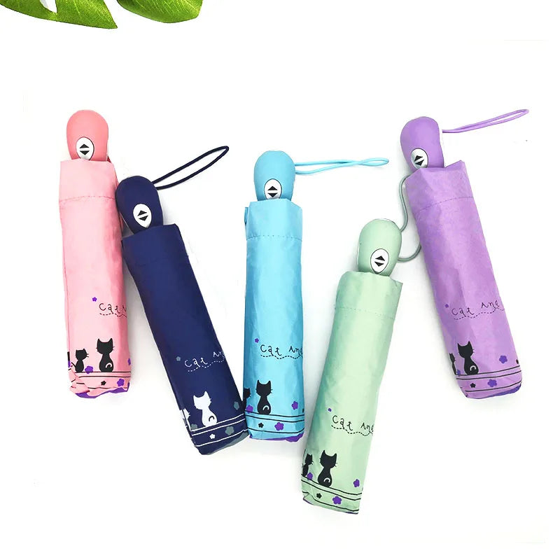 LIKE RAIN Cute Cat Women Umbrella Creative Cartoon Girl Automatic Umbrella Rain Women Three-Folding Travel Pocket Parasol UBY29